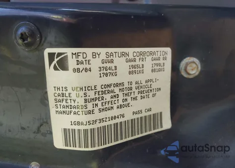 2005 Saturn Ion 2 из США, поврежденный, VIN 1G8AJ52F35Z100476